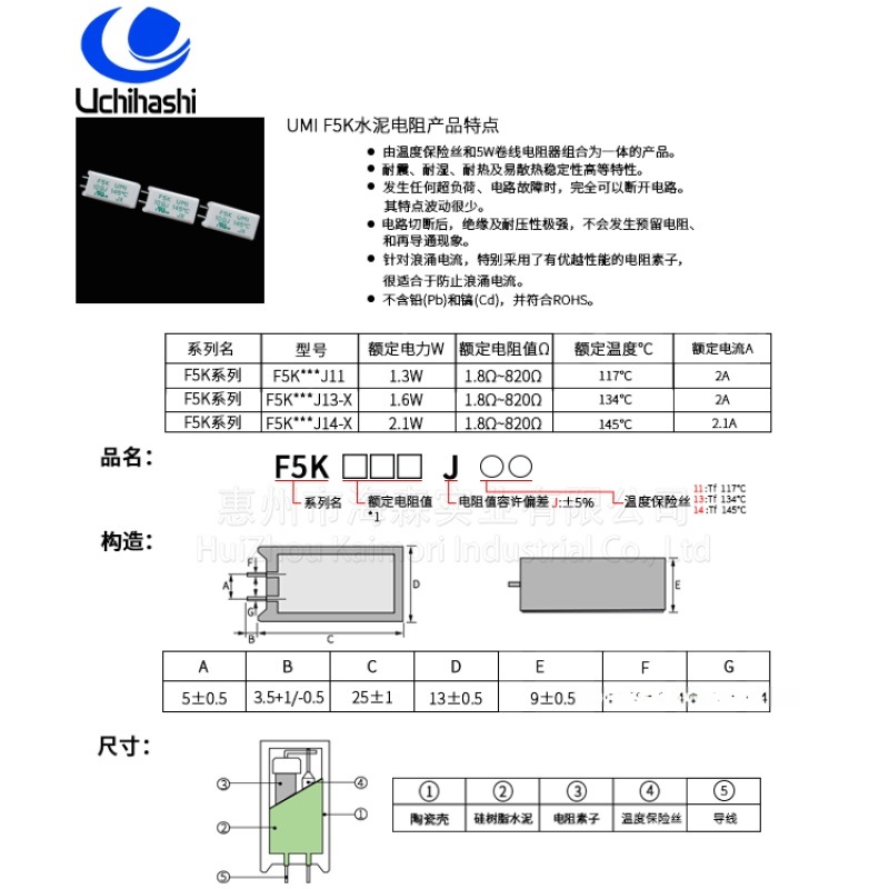 內(nèi)橋水泥電阻器附溫度保險(xiǎn)絲F5K100J14-X